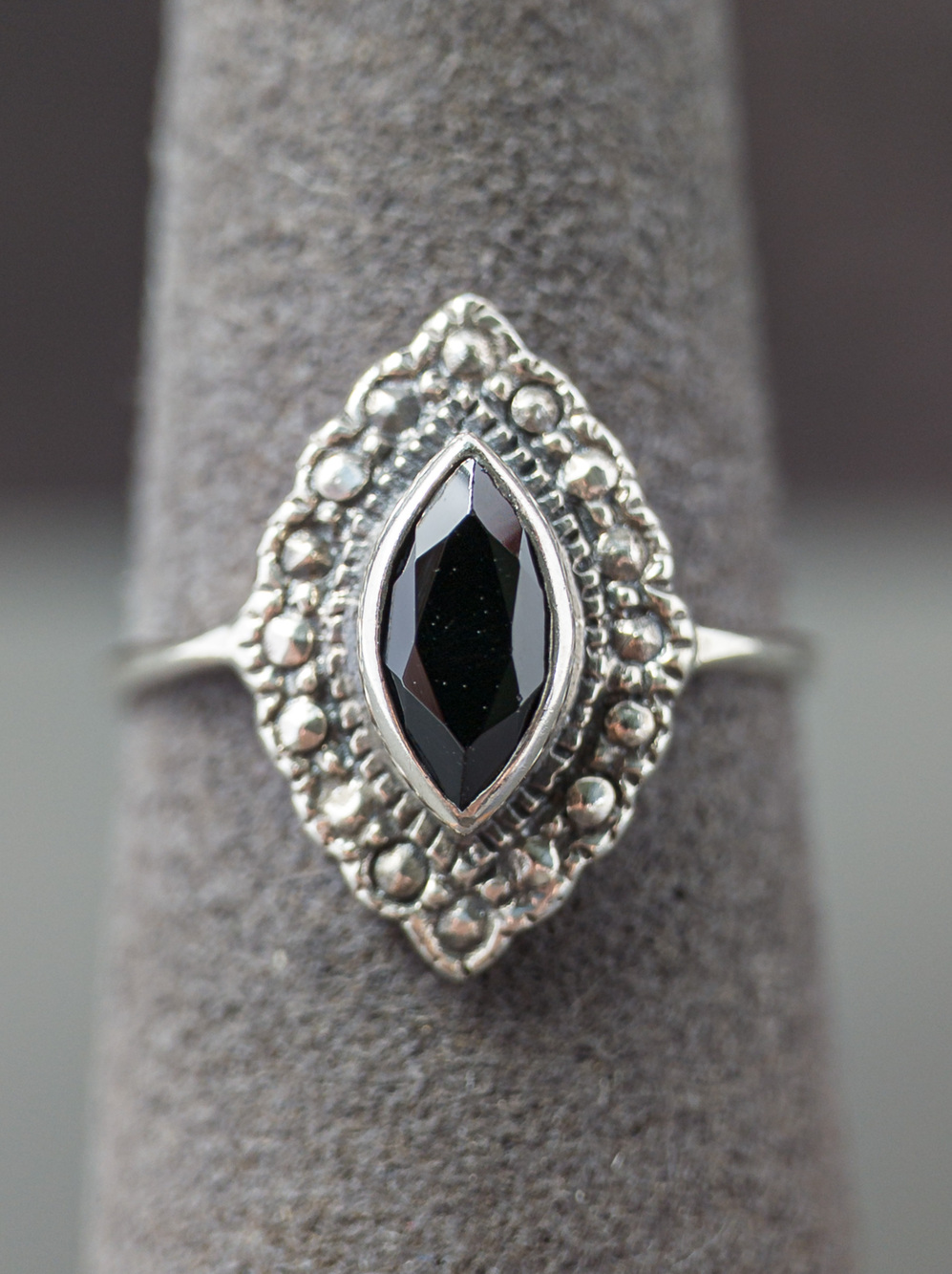 Peter Stone 925 Sterling Silver Onyx Marquise Ring, Sz 5.75, Filigree Halo